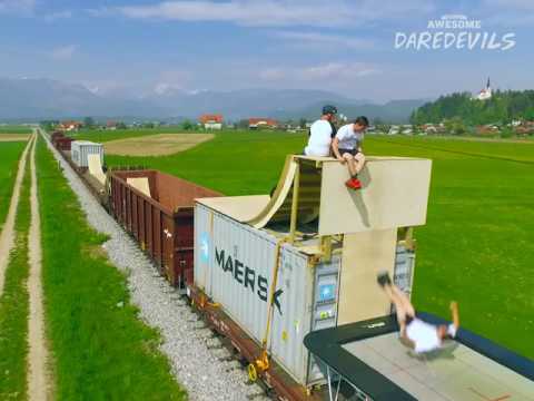 Watch the Daredevils turn a moving train into an extreme sports playground!